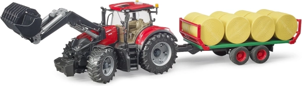 Tractor Bruder Case IH Optum 300 CVX cu încărcător frontal și remorcă pentru baloți