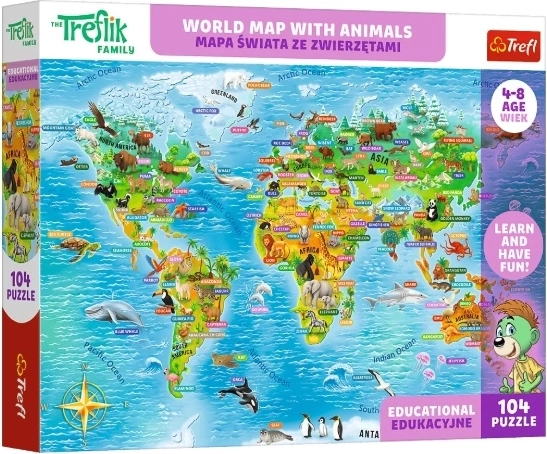 Puzzle educativ pentru copii – Harta lumii cu animale (104 piese)