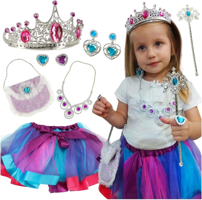 Costum pentru copii de prințesă cu coroană, baghetă și poșetă – set din 9 piese