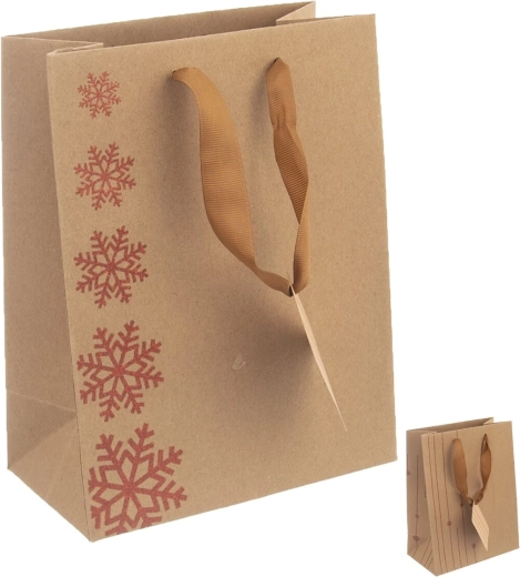 Pungă cadou din hârtie cu motiv de fulgi de zăpadă, mix, 26 × 12,5 × 32 cm