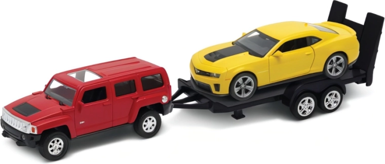 Autoplatformă Welly Hummer H3 cu remorcă și Chevrolet Camaro ZL1 1:34