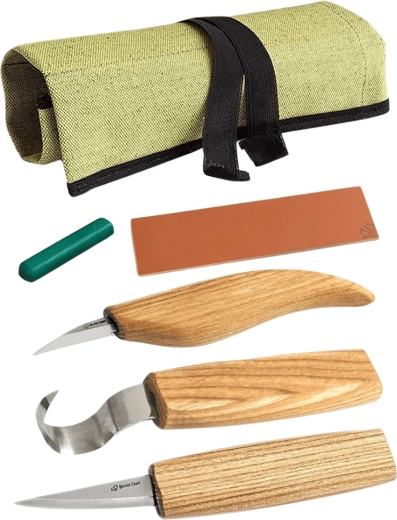 BeaverCraft set pentru sculptarea lingurilor și bolurilor cu accesorii (3 cuțite în husă rulabilă)