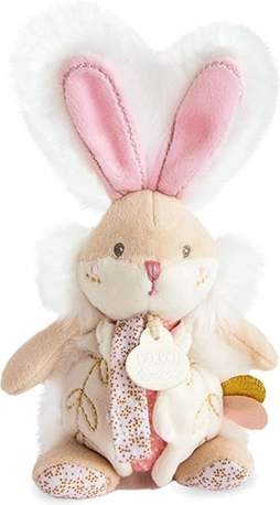 Jucărie doudou iepuraș cu zornăitoare și prindere pentru suzetă 21 cm – Roz