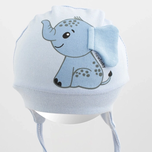Căciuliță pentru bebeluși din bumbac New Baby Happy Elephant, albastră