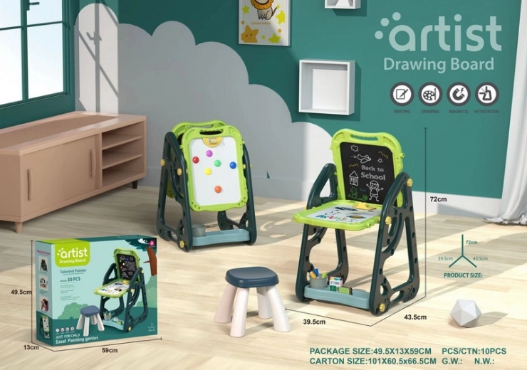 Tablă multifuncțională pentru copii 3+ magnetică + de cretă + scăunel + rechizite