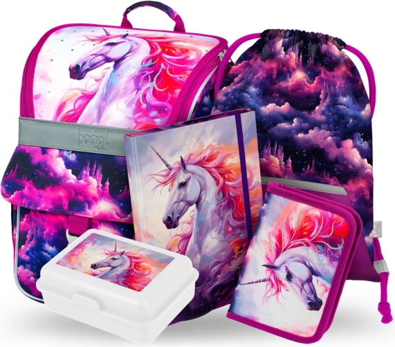Set școlar Baagl Zippy Regatul unicornului – ghiozdan, penar, săculeț, mapă și cutie pentru gustare