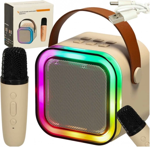Set karaoke microfon + difuzor portabil BLUETOOTH USB LED bej