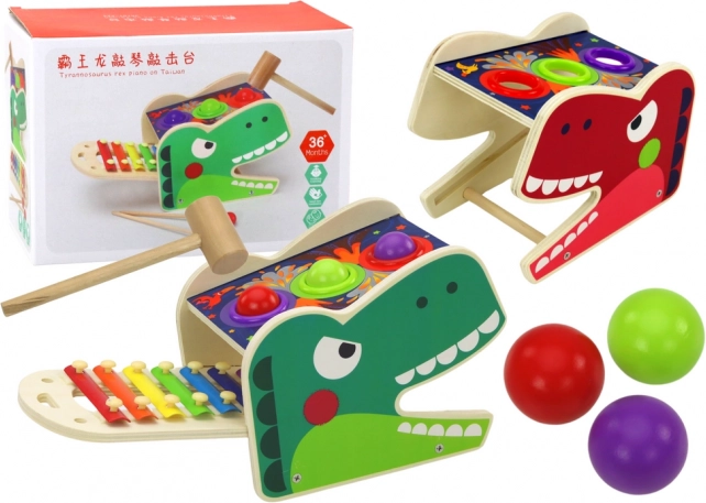 Dinozaur din lemn 2în1 – joc de bătut cu bile și xilofon