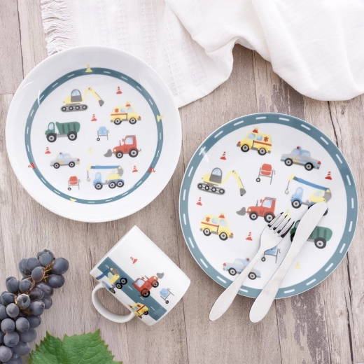 Set de veselă din porțelan pentru copii cu motiv vehicule, 3 piese