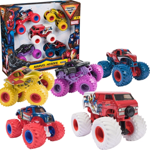 Monster Jam set de 5 mini monster truck-uri Marvel Heroes 1:64