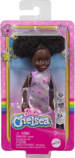 Păpușă BARBIE Chelsea, rochie mov cu flori, 15 cm