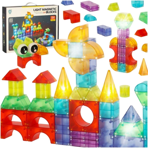 Blocuri de construcție magnetice cu elemente luminoase, figuri 3D – 134 piese