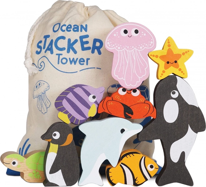 Le Toy Van Petilou turn de stivuire ocean – set din lemn cu 9 piese