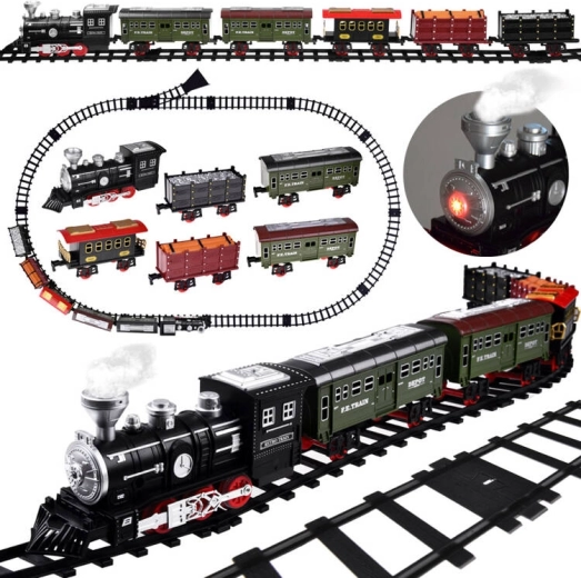 Circuit electric de tren cu aburi cu fum, lumină și 5 vagoane