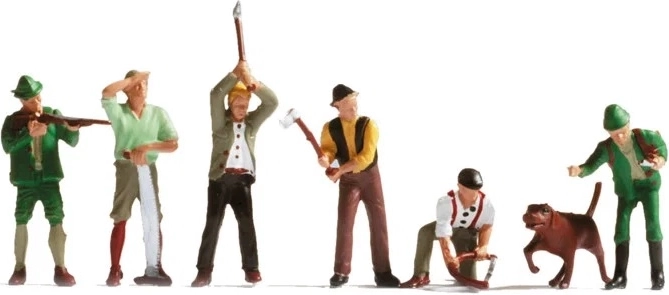 Set de figurine Noch: muncitori forestieri și vânători H0 (6 figurine + câine)