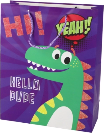 Pungă cadou din hârtie violetă cu dinozaur 41,5 × 30 × 12 cm