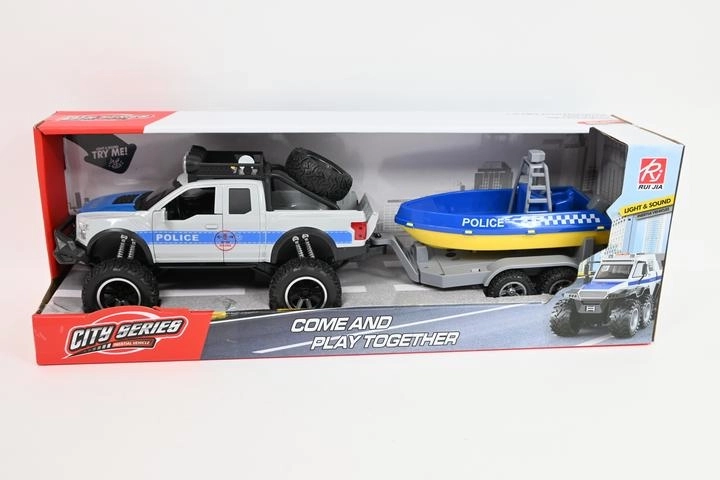 Mașină de poliție off-road cu remorcă și barcă de salvare, cu lumină și sunet