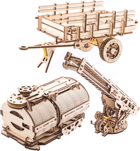 UGEARS accesorii pentru camionul UGM-11 – scară de pompieri, benă și cisternă (module mecanice 3D din lemn)