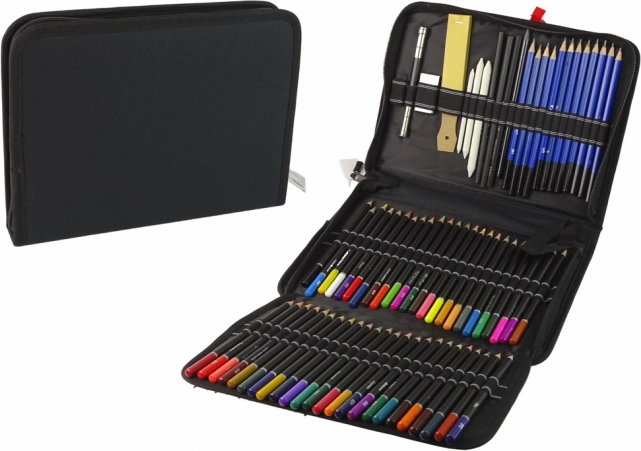 Setul micului artist – creioane colorate, creioane grafit și cărbune în husă, 95 de piese