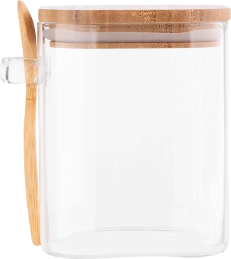 Cutie pătrată din sticlă borosilicată 800 ml cu capac din bambus și linguriță