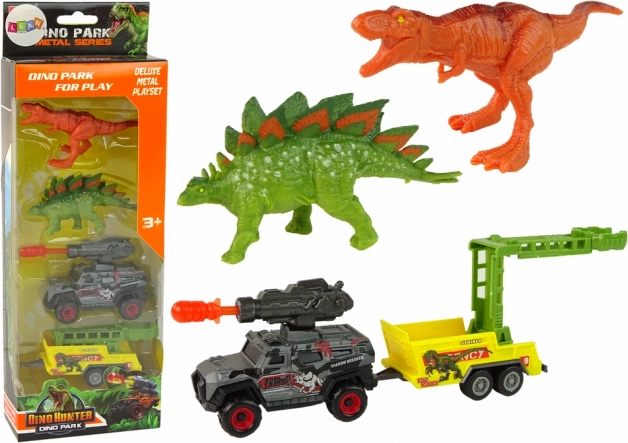 set cu dinozauri cu mașină, lansator de rachete și remorcă