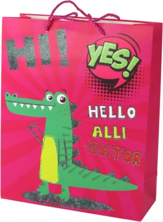 Pungă cadou din hârtie roz cu crocodil 32 × 26 × 10 cm