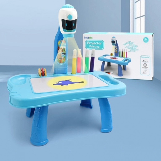 Mini proiector de desen 2‑în‑1 – măsuță robotică, albastru