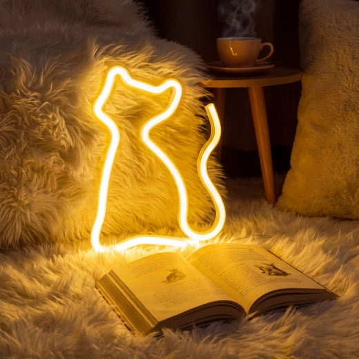 Lampă LED neon în formă de pisică, cu lumină albă caldă