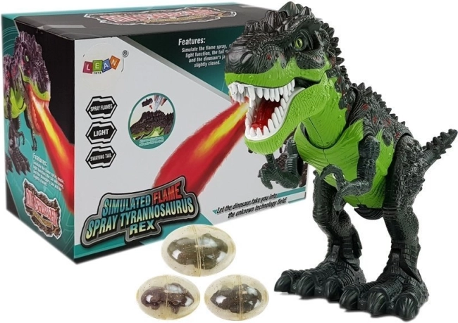 Dinozaur interactiv T‑Rex pe baterii – depune ouă și eliberează abur, verde