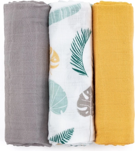 Petite&Mars set de scutece din muselină de bambus Moussy ochre leaves 3 buc 68 × 68 cm
