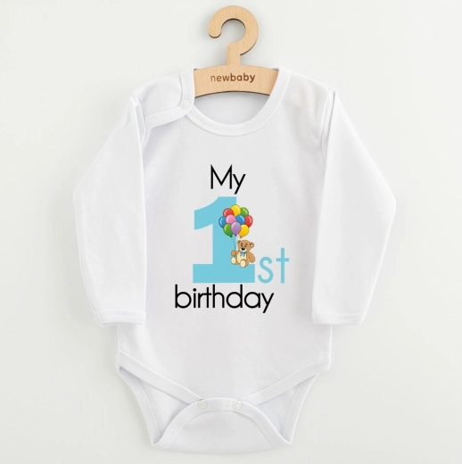 Body pentru bebeluși New Baby My 1st birthday albastru, cu mânecă lungă