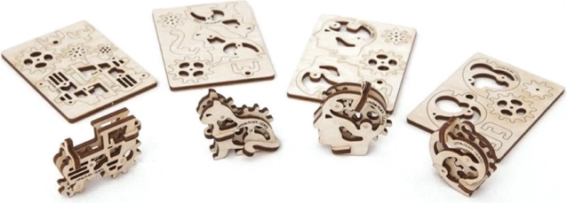Ugears puzzle 3D mecanice din lemn – 4 brelocuri mecanice Simboluri de caracter