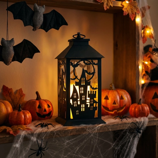 Felinar de Halloween cu lumină intermitentă și castel, cu baterii