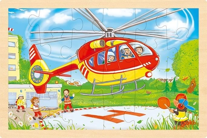 Puzzle din lemn, reversibile, pompieri și elicopter, 24 piese Goki