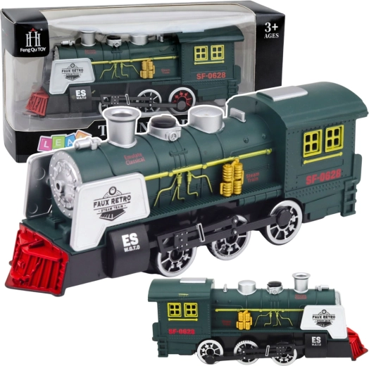 Locomotivă cu aburi clasică verde cu fum, lumini, sunete și senzor de obstacole