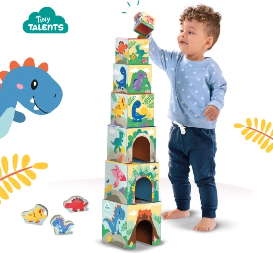 Turn din 7 cuburi cu ilustrații vesele cu dinozauri