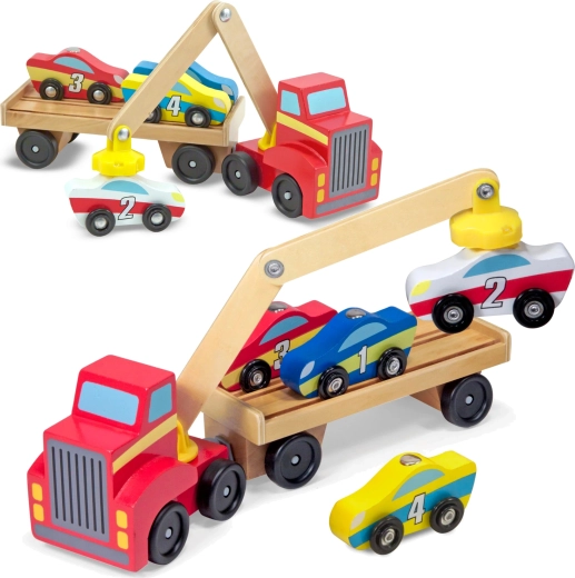 Melissa & Doug camion de remorcare din lemn cu macara magnetică și mașinuțe