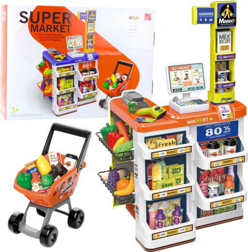 Magazin pentru copii cu casă de marcat și cărucior – set supermarket 60 piese