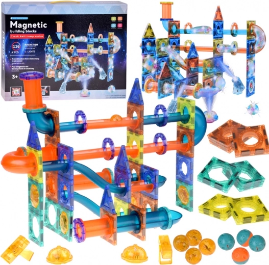 Set de construcție magnetică luminos 3D – set magnetic pistă de bile, 116 piese