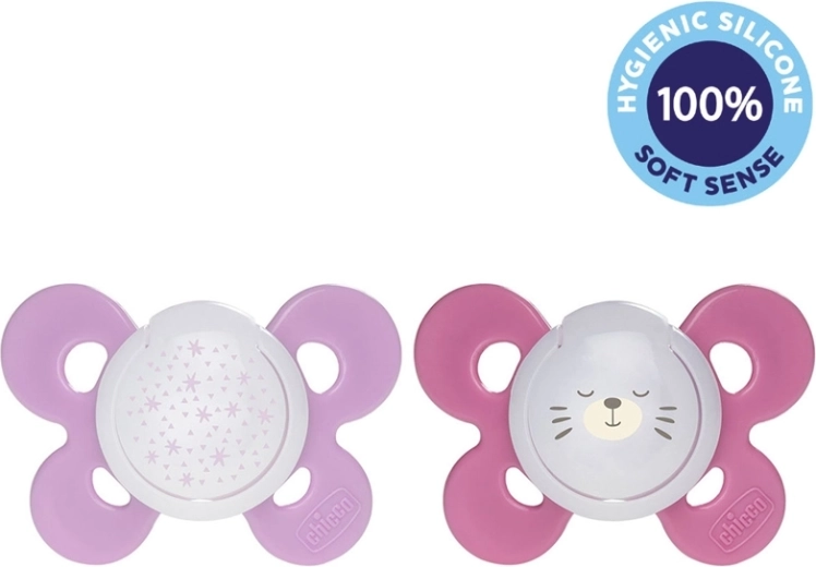 Chicco suzetă Physio Comfort de noapte silicon 16–36 luni, fetiță, stele și ursuleți, 2 buc.