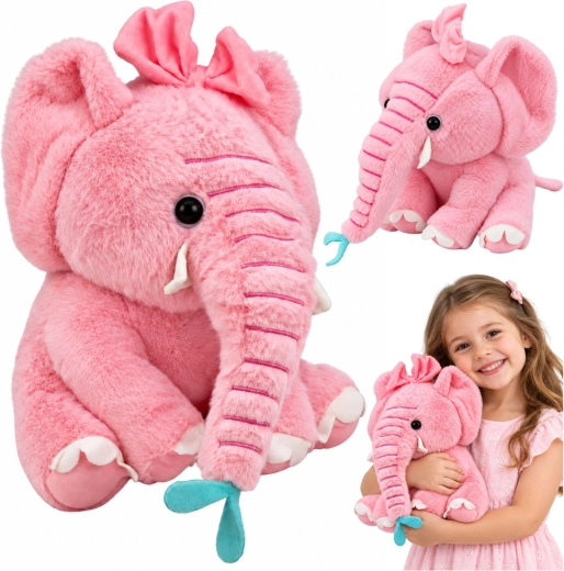 Elefant roz din pluș cu fundiță, 26 cm