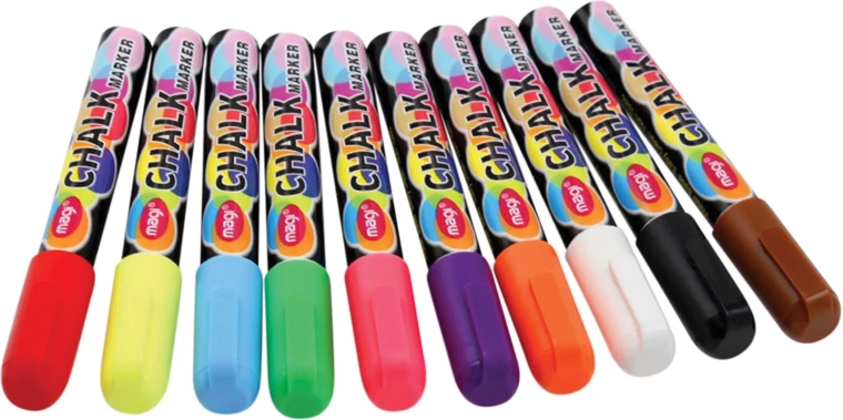 Set de markere cu cretă lichidă pentru tablă și sticlă, 10 culori, 6 mm, ștergibile