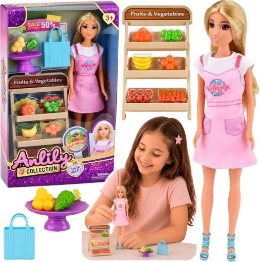 Păpușa Anlily vânzătoare de fructe și legume cu magazin și accesorii