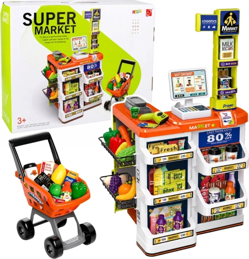Supermarket pentru copii cu casă de marcat, scanner și cărucior de cumpărături (aprox. 60 de piese)