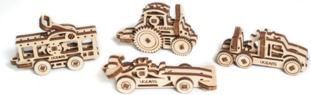 Ugears puzzle mecanic 3D din lemn – set de 4 brelocuri vehicule