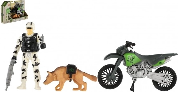 Set de acțiune militară cu motocicletă, soldat și câine