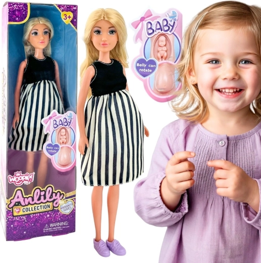 Păpușa însărcinată Woopie Royal Lily în rochie cu dungi alb-negru