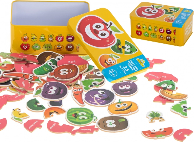 Puzzle educativ colorat fructe/legume în cutie de tablă