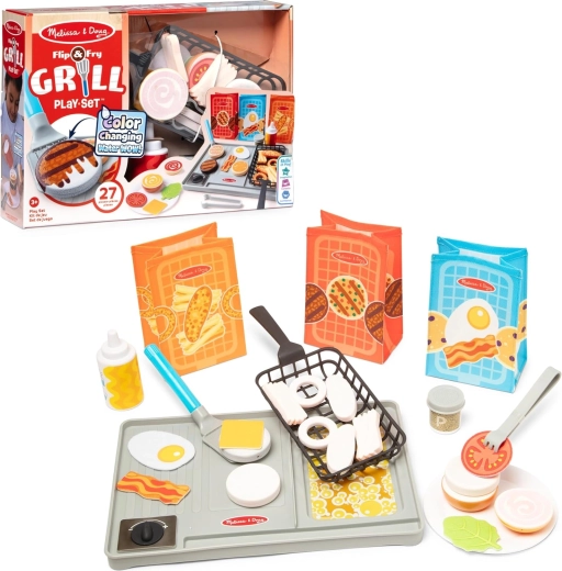 Set de grătar Melissa & Doug Flip & Fry cu alimente care își schimbă culoarea, 27 de piese