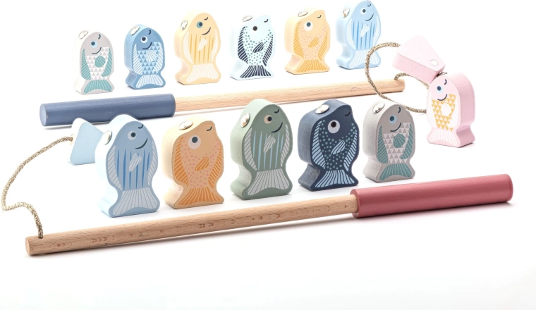 Cubika pastel pescuit – joc magnetic din lemn pentru copii, 14 piese